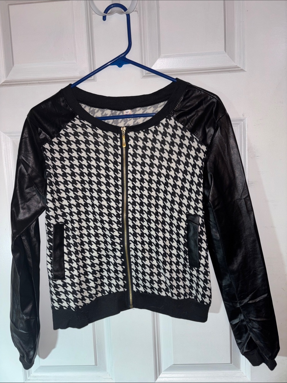 Black & White Houndstooth Bomber Jacket with Faux-Leather Sleeves